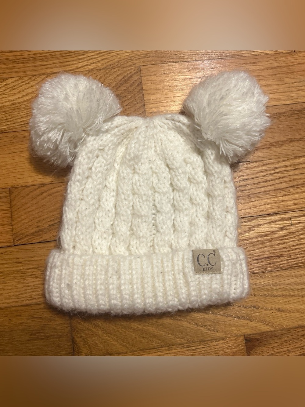 C.C Kids Ivory Double Pom Cable Knit Hat